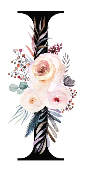 Lettre Noire Avec Bouquet Hiver Aquarelle Pastel Isolé Sur Blanc — Photo