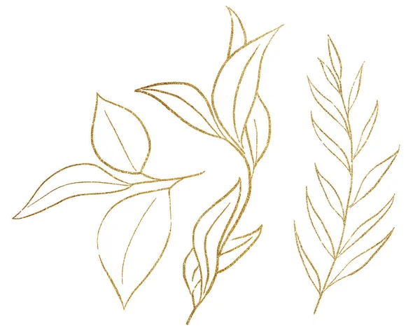金色の水彩植物の葉のイラスト 結婚式のデザイン グリーティングカードや工芸品 テキストのための場所のためのエレガントな要素 — ストック写真