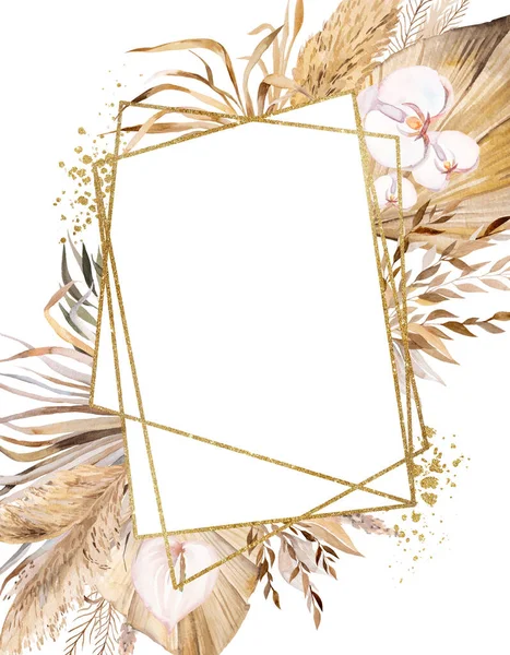 Aquarell Bohemian Frame Mit Tropischen Und Baumwollblumen Getrockneten Palmblättern Und — Stockfoto