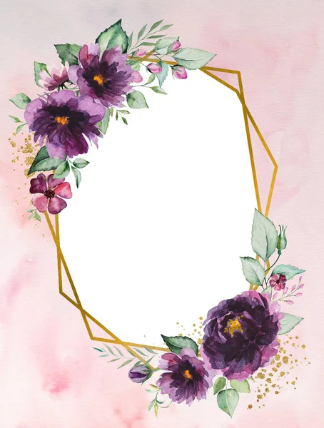 水彩缤纷的紫色牡丹花朵下缀着绿色的叶子 金色的椭圆形的框架与复制空间隔离在白色的婚礼固定 问候卡片 手绘画框 水彩背景 — 图库照片