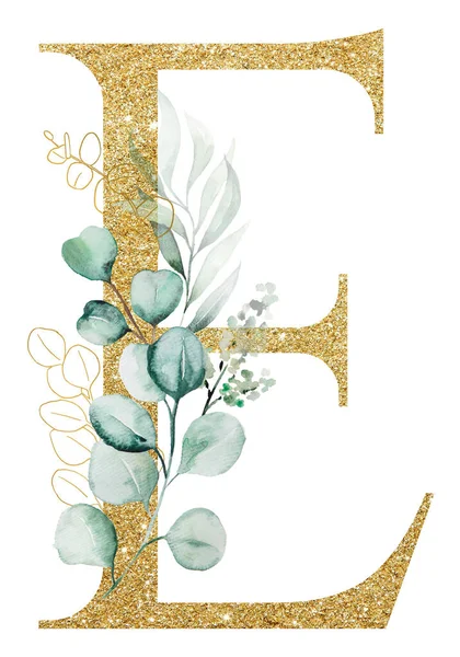 흰색으로 유칼립투스 가지로 장식된 황금색 반짝이는 알파벳 결혼식 휴일에 식물성 — 스톡 사진