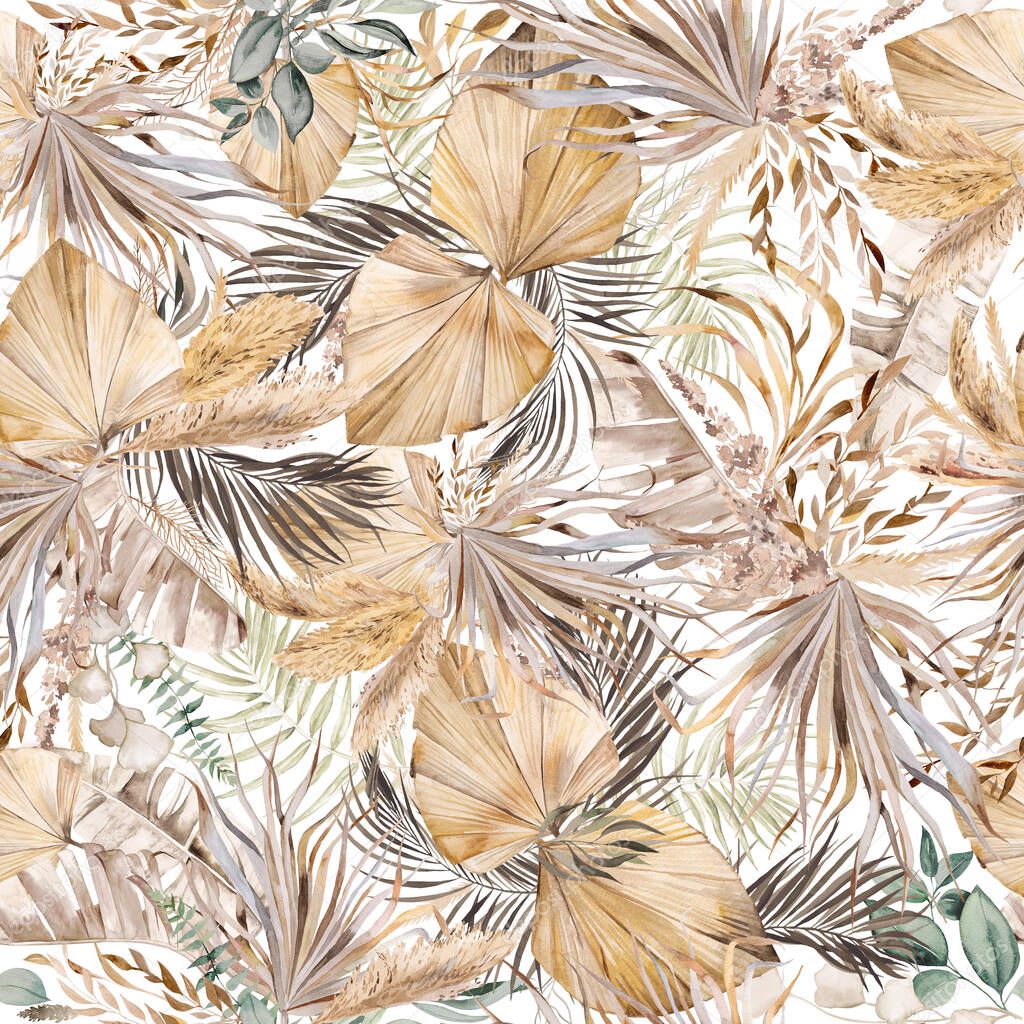 Watercolor Bohemian seamless pattern with dried tropical leaves and pampas grass illustration isolated. Beige Element for wedding design and crafting