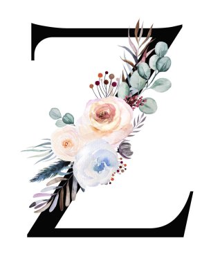 Pastel suluboya kış buketli siyah Z harfi beyaza izole edilmiş. Yaprakları, böğürtlenleri ve çiçekleri mavi, lavantası ve pembesi olan bir kış mektubu. Düğün tasarımı için alfabe çiçek elementleri