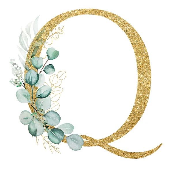 金色字母Q装饰绿色水彩画桉树分枝隔离在白色 闪烁着绿色叶子和花朵的字母 婚礼和假日文具的植物学要素 — 图库照片