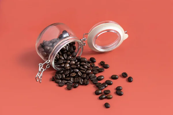 Roasted Coffee Beans Glass Jar Close Pink Background Copy Space — Stock Photo, Image