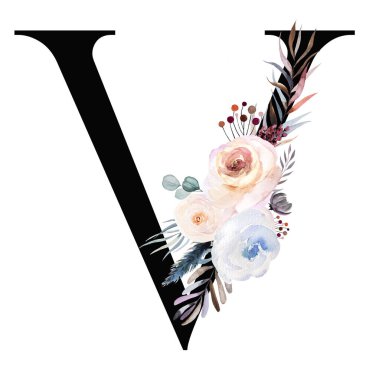 Beyaz üzerine izole edilmiş pastel suluboya kış buketli siyah V harfi. Yaprakları, böğürtlenleri ve çiçekleri mavi, lavantası ve pembesi olan bir kış mektubu. Düğün tasarımı için alfabe çiçek elementleri