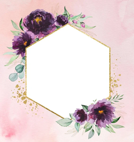 水彩缤纷的紫色牡丹花朵下缀着绿色的叶子金色的几何框架图解与复制空间隔离在白色的婚礼固定 问候卡片 手绘画框 水彩背景 — 图库照片
