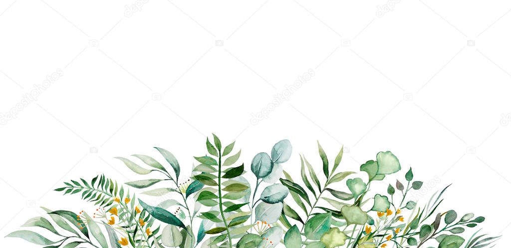 Seamless border with green and golden watercolor tropical palm, banana and monstera leaves illustration. Elegant Element for wedding design, greeting cards and crafting
