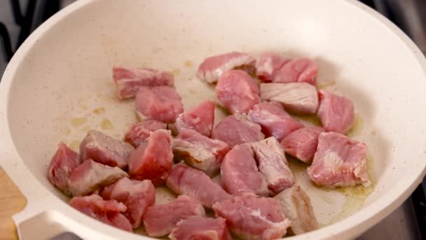 Frying Pieces Raw Veal Meat White Frying Pan Heated Olive — Stock Video