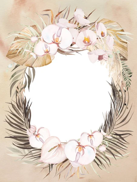 Aquarel Boheemse Ovale Frame Met Tropische Katoenen Bloemen Gedroogde Palmbladeren — Stockfoto