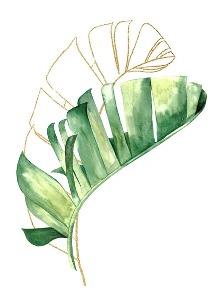 Πράσινο Και Χρυσό Ακουαρέλα Τροπικά Φύλλα Μπανάνας Εικονογράφηση Κομψό Στοιχείο — Φωτογραφία Αρχείου