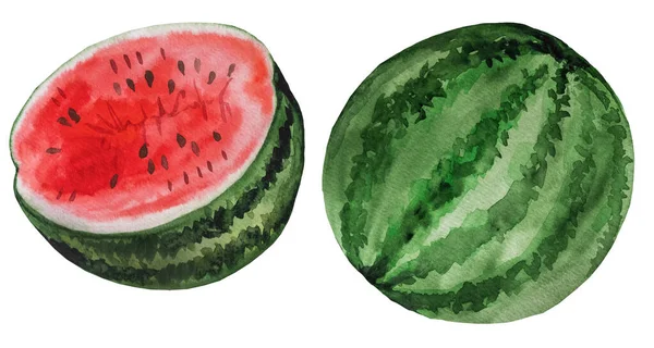 Scheibe Rote Saftige Wassermelone Mit Samen Aquarell Tropischen Früchten Illustration — Stockfoto
