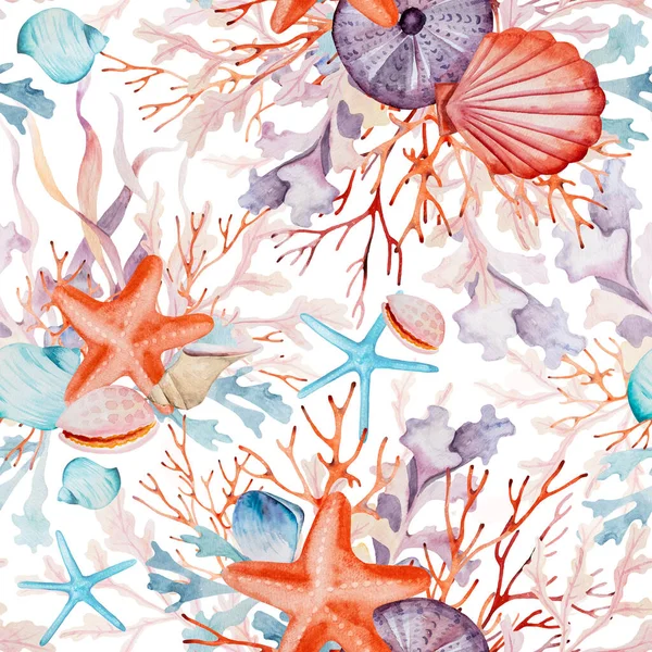 Bezszwowy Wzór Akwareli Wodorostami Morskimi Koralowcami Muszelkami Rozgwiazdami Jeżowca Podwodny — Zdjęcie stockowe