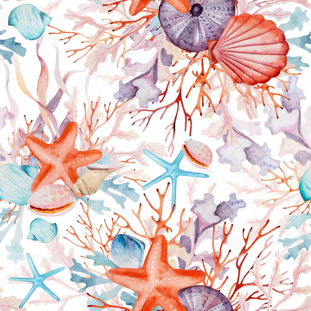 Watercolor seamless pattern with seaweeds, corals, seashells, starfishes and sea urchin isolated. Underwater bouquet, Illustration for greeting cards, summer beach wedding invitations