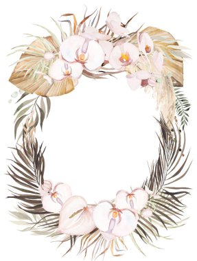 Tropikal ve pamuk çiçekli suluboya bohem oval çerçeve, kurutulmuş palmiye yaprakları ve fotokopi alanı izole edilmiş pampa otu çizimi. Düğün tasarımı için bej elementler, tebrik kartları, el işi.