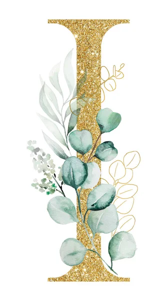 Gouden Letter Versierd Met Groene Aquarel Eucalyptus Takken Geïsoleerd Wit — Stockfoto