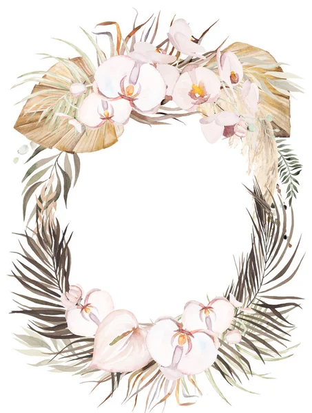 Watercolor Bohemian oval frame with tropical and cotton flowers, dried palm leaves and pampas grass illustration with copy space isolated. Beige Element for wedding design, greetings cards, crafting