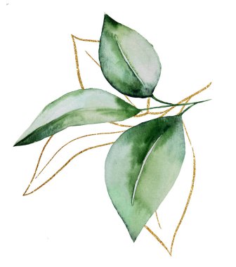 Yeşil ve Altın suluboya botanik yapraklar. Düğün tasarımı için zarif elementler, tebrik kartları ve el işi, metin için yer