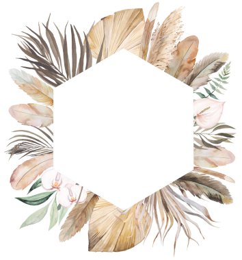 Tüylü suluboya bohem çerçeve, tropikal çiçekler, kurutulmuş palmiye yaprakları ve pampa otu çizimi, kopyalama alanı. Düğün tasarımı için element