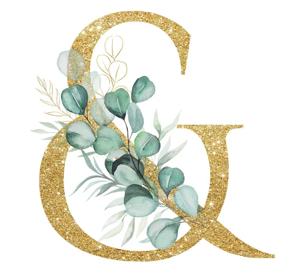 Golden Symbol Versierd Met Groene Aquarel Eucalyptus Takken Geïsoleerd Wit — Stockfoto