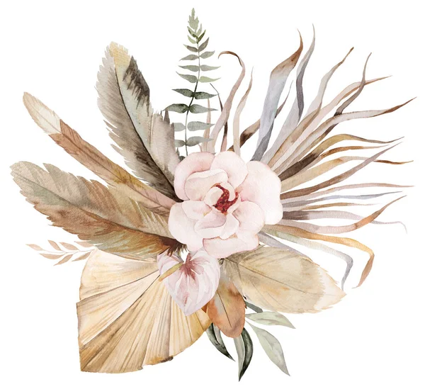 Akvarel Bohemian Kytice Peřím Tropické Květiny Sušené Palmové Listy Pampas — Stock fotografie