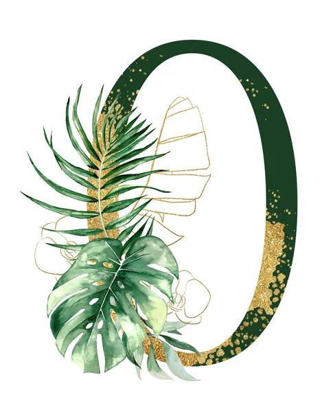 Złoty Zielony Numer Ozdobiony Zielonymi Złotymi Liśćmi Tropikalnymi Ilustracja Akwarela — Zdjęcie stockowe