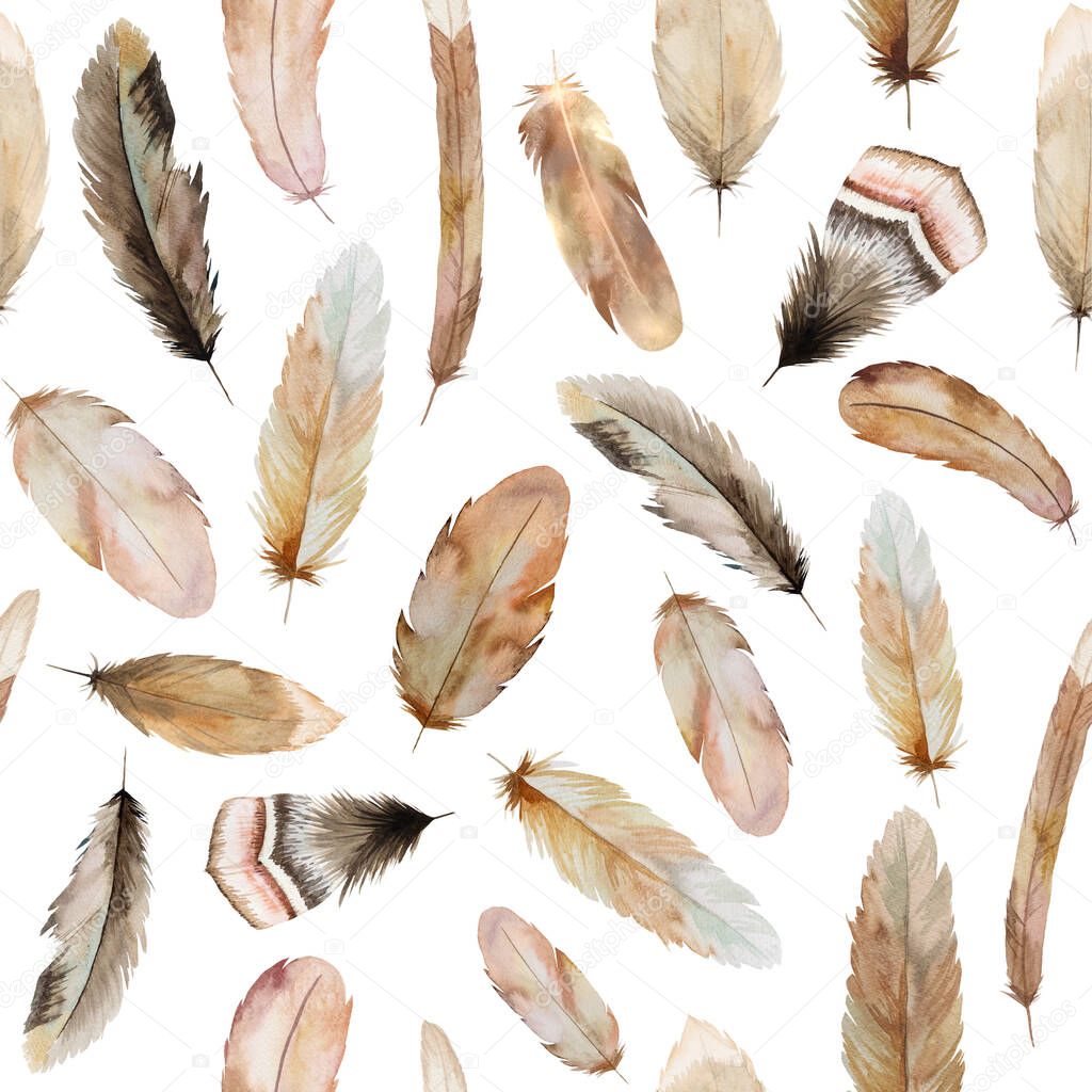 Watercolor seamless pattern made of brown and beige feathers, Bohemian illustration isolated. Monochrome element for boho wedding stationery, greeting cards and other printing and craft projects