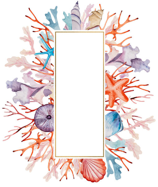 Watercolor frame made from seaweeds, starfishes and seashells isolated. Underwater element, Illustration for greeting cards, summer beach wedding invitations, crafting, printing