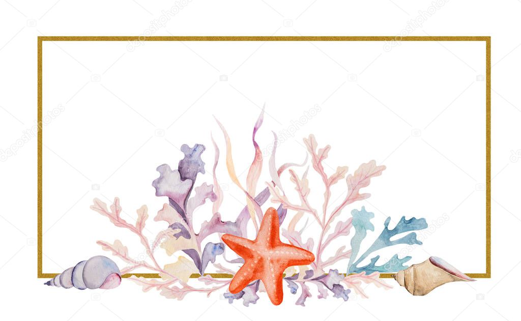 Watercolor frame made from seaweeds, starfishes and seashells isolated. Underwater element, Illustration for greeting cards, summer beach wedding invitations, crafting, printing