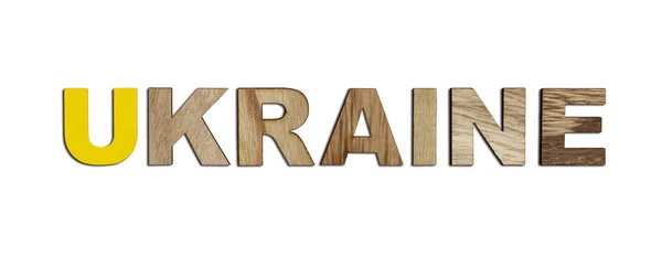 Ukraina Słowo Napisane Kolorowymi Literami Alfabetu Drewnianego Izolowane Koncepcja Strasznej — Zdjęcie stockowe