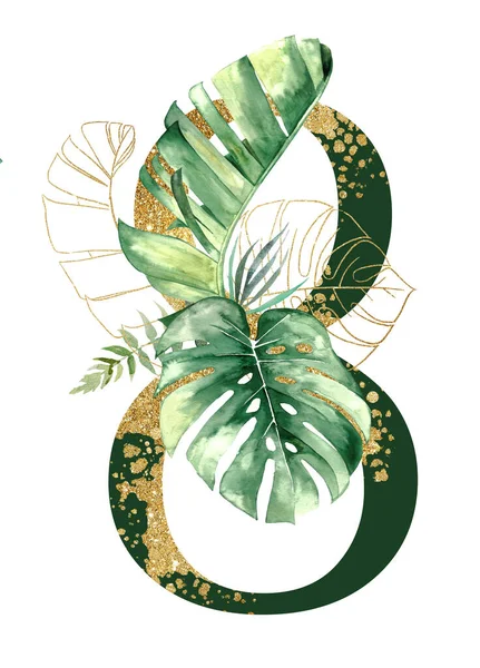 Złoty Zielony Numer Ozdobiony Zielonymi Złotymi Liśćmi Tropikalnymi Ilustracja Akwarela — Zdjęcie stockowe