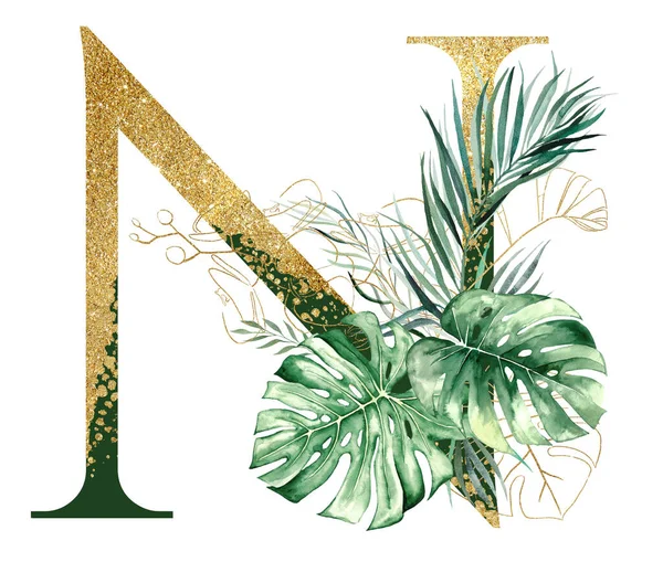 Golden Green Letter Decorated Green Golden Watercolor Tropical Leaves Isolated — Stock Photo, Image
