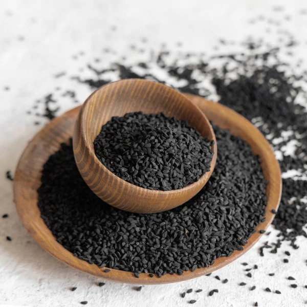 Especia India Comino Negro Nigella Sativa Kalonji Semillas Cuencos Madera — Foto de Stock