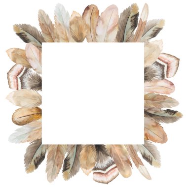 Bej ve kahverengi tüylerden yapılmış suluboya kare çerçeve, kopyalama alanı. Düğün kırtasiyesi, tebrik kartları. Elle boyanmış çerçeve