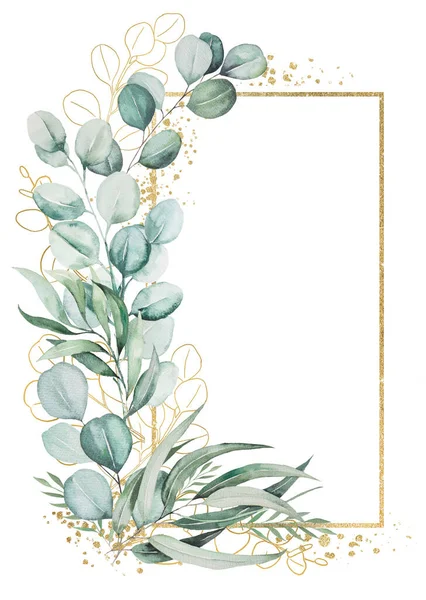 Funkelnder Goldener Rahmen Aus Aquarellgrünen Eukalyptusblättern Illustration Isoliert Mit Kopierraum — Stockfoto
