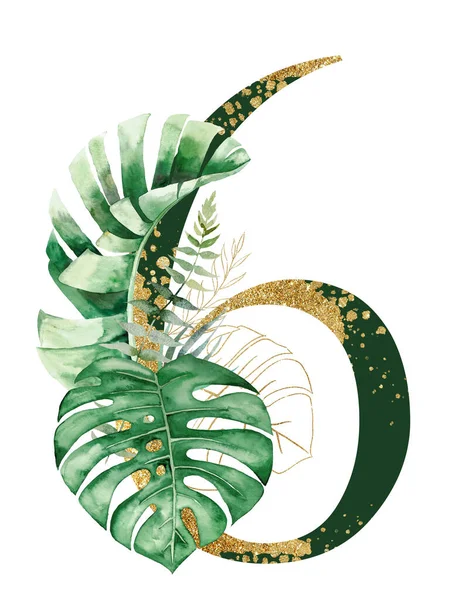 Złota Zielona Liczba Ozdobiona Zielonymi Złotymi Liśćmi Tropikalnymi Ilustracja Akwareli — Zdjęcie stockowe