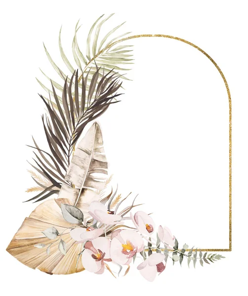 Acuarela Marco Bohemio Con Flores Tropicales Hojas Palma Secas Ilustración — Foto de Stock