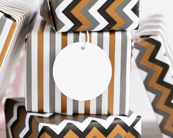 Present Blank Gift Tag Close Gift Boxes Wrapped Striped Chevron — 스톡 사진