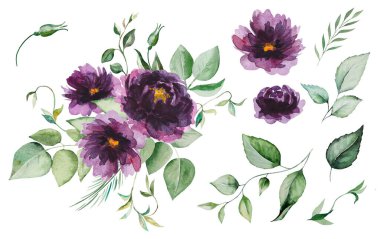 Mor şakayık çiçekleri ve beyaz üzerine izole edilmiş tek elementli yeşil yapraklı desenler. Düğün gereçleri, tebrik kartları. El boyaması düzenleme