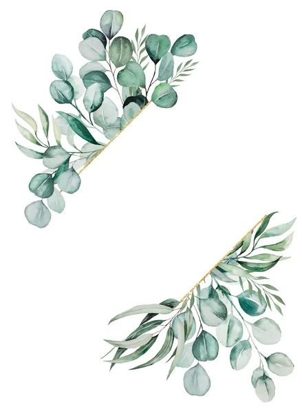 Cadre Doré Étincelant Feuilles Eucalyptus Vert Aquarelle Illustration Isolée Avec — Photo