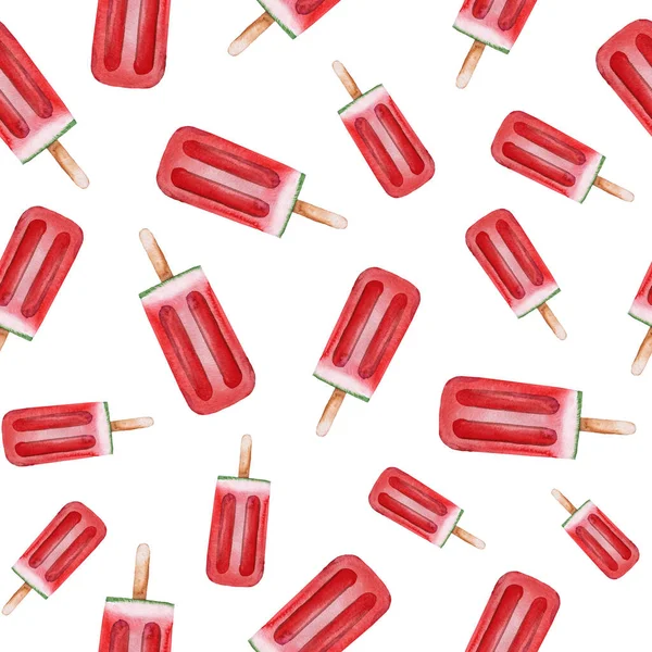 赤ジューシーなスイカのアイスクリームで作られたシームレスなパターン 水彩トロピカルフルーツイラスト 健康食品だ 夏のデザイン要素 — ストック写真