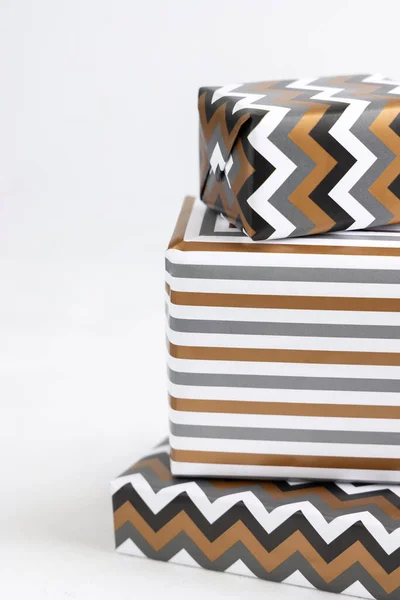 Presents Wrapped Striped Chevron Geometric Paper White Table Close Christmas — стокове фото