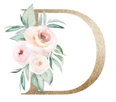 Beyaz üzerine izole edilmiş suluboya pastel gülleri olan açık renkli D harfi. Yeşil yapraklı ve açık pembe çiçekli ışıldayan boho elementi. Düğün ve tatil tasarımı için alfabe çiçekleri