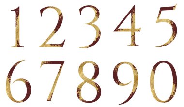 Dağılım efektli koyu kırmızı ve altın parıltılı sayılar izole edilmiş. Düğün kartları, tatil kırtasiyesi, festival kartları ve davetiyeler için şenlikli alfabe ögesi