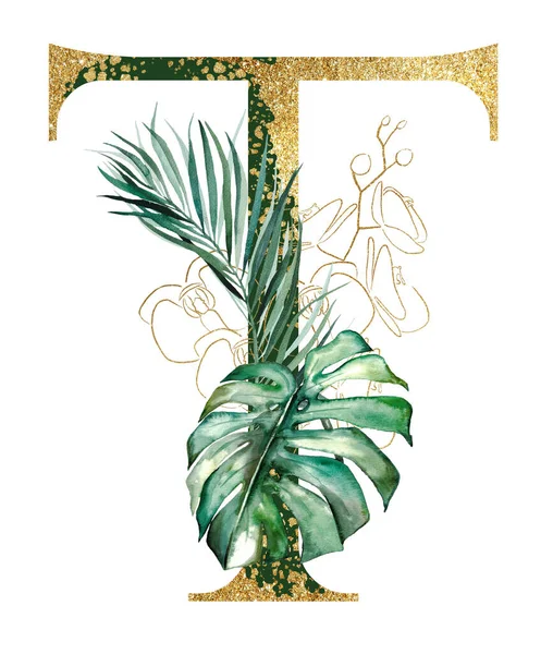 Golden Green Letter Decorated Green Golden Watercolor Tropical Leaves Isolated — Foto Stock