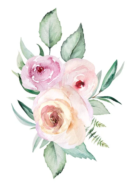 Watercolor Light Pink Flowers Green Leaves Bouquet Illustration Isolated White — Stock Photo, Image