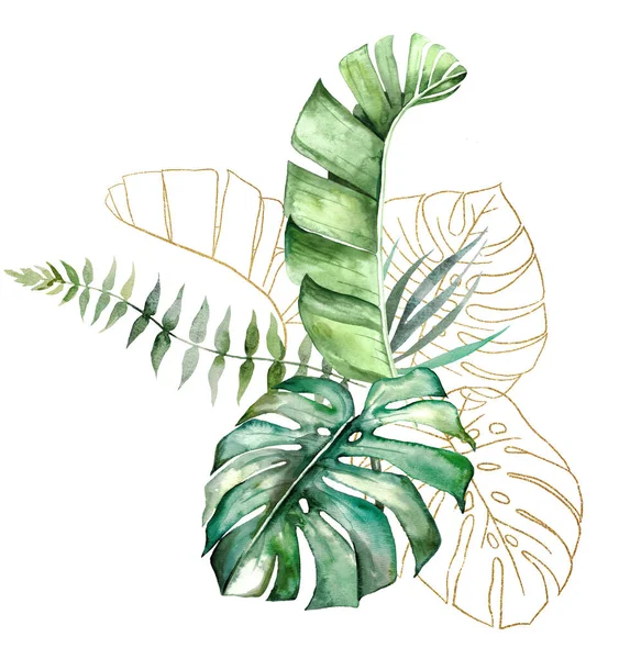 Golden Bouquet Green Golden Watercolor Tropical Banana Monstera Leaves Illustration — 스톡 사진