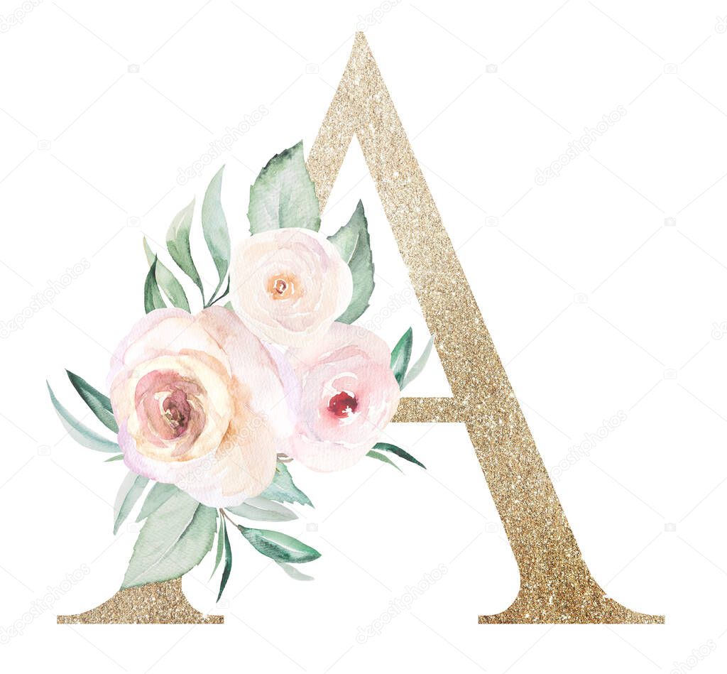 Light golden letter A with watercolor pastel roses isolated on white. Sparkling boho Element with green leaves and light pink flowers. Alphabet floral for wedding and holiday design