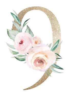 Açık altın renginde, suluboya pastel güller beyaz üzerine izole edilmiş. Yeşil yaprakları ve açık pembe çiçekleri olan dokuz numaralı köpüklü boho. Düğün ve tatil tasarımı için alfabe çiçek elementi