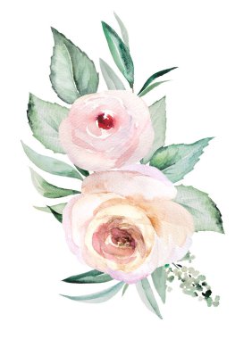 Suluboya pembe çiçekler ve yeşil yapraklar buketi, düğün kırtasiyesi için beyaza izole edilmiş illüstrasyon, tebrik kartları, el işi. Pastel Çiçek El boyama düzeneği